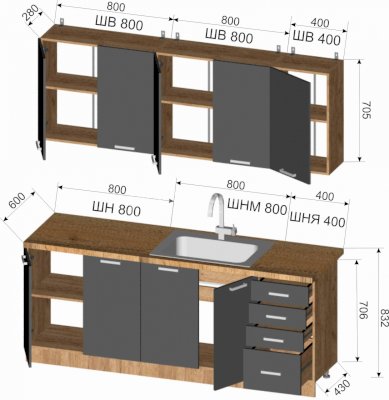 Глубина подвесных шкафов на кухне